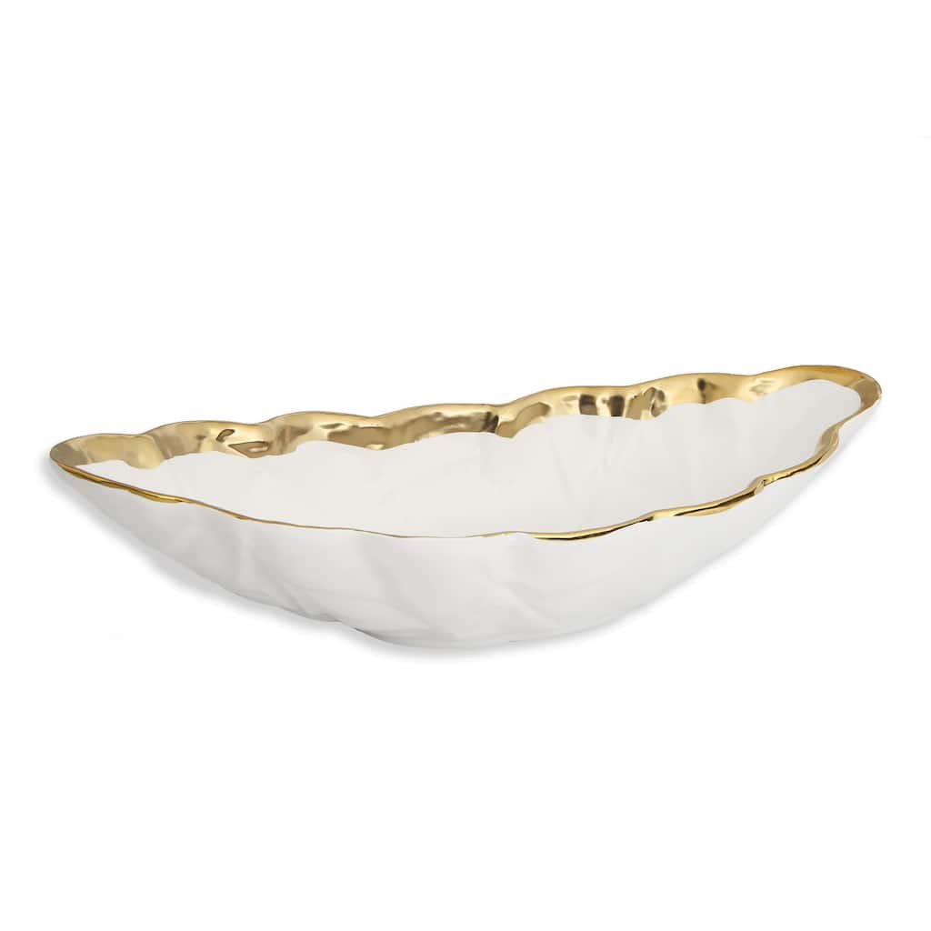Alice Pazkus White Porcelain Leaf Shaped 16.75" Bowl With Gold Border