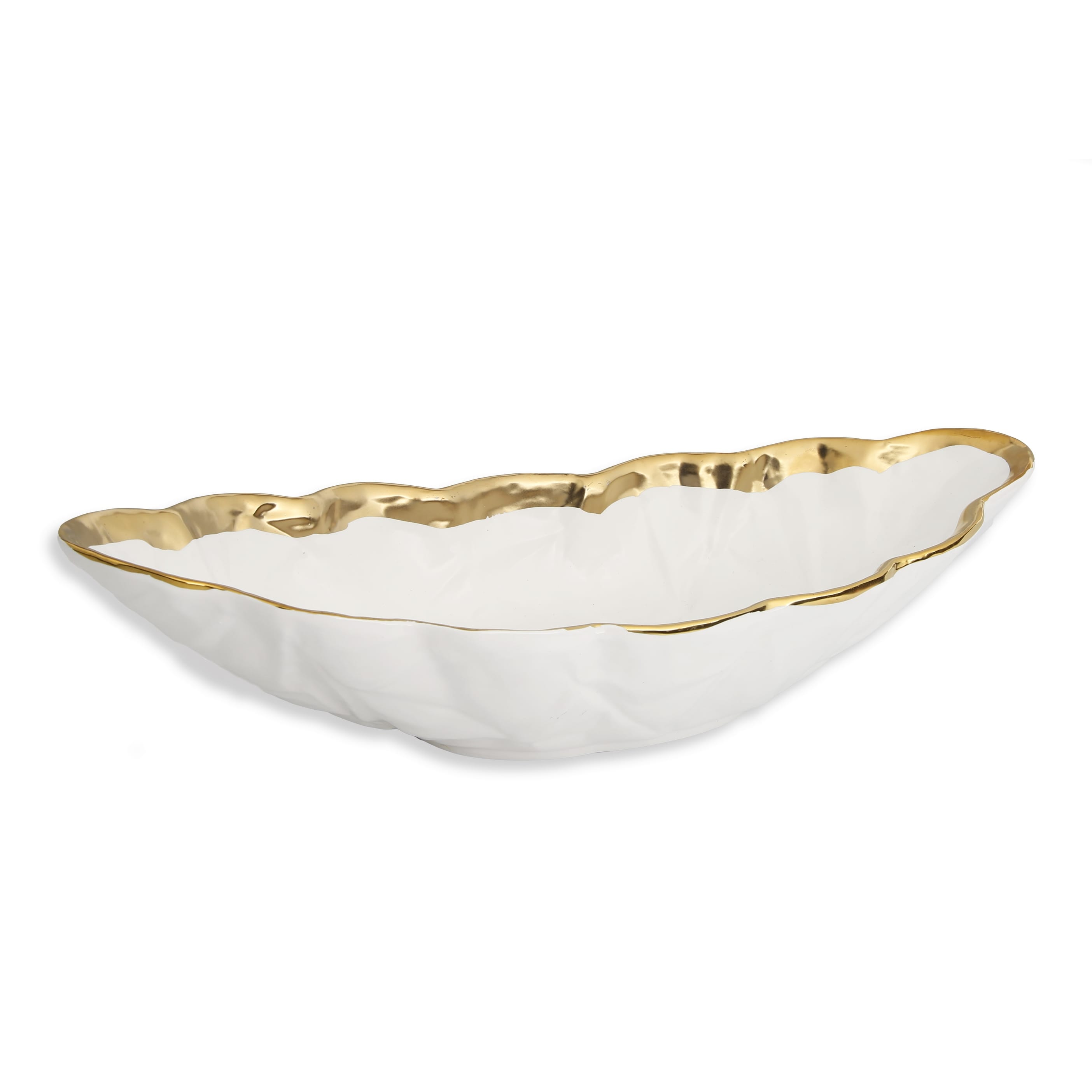 Alice Pazkus White Porcelain Leaf Shaped 16.75" Bowl With Gold Border