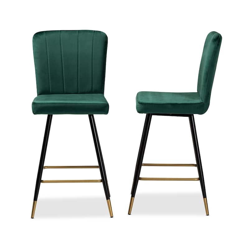 Preston Modern Luxe and Glam Velvet Fabric Upholstered Black and Gold Finished Metal 2-Piece Bar Stool Set