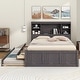 preview thumbnail 2 of 28, Full Size Platform Bed with Trundle and Storage Headboard, Kids Bed Frame with Charging Station and 3-Drawers, Antique Brown