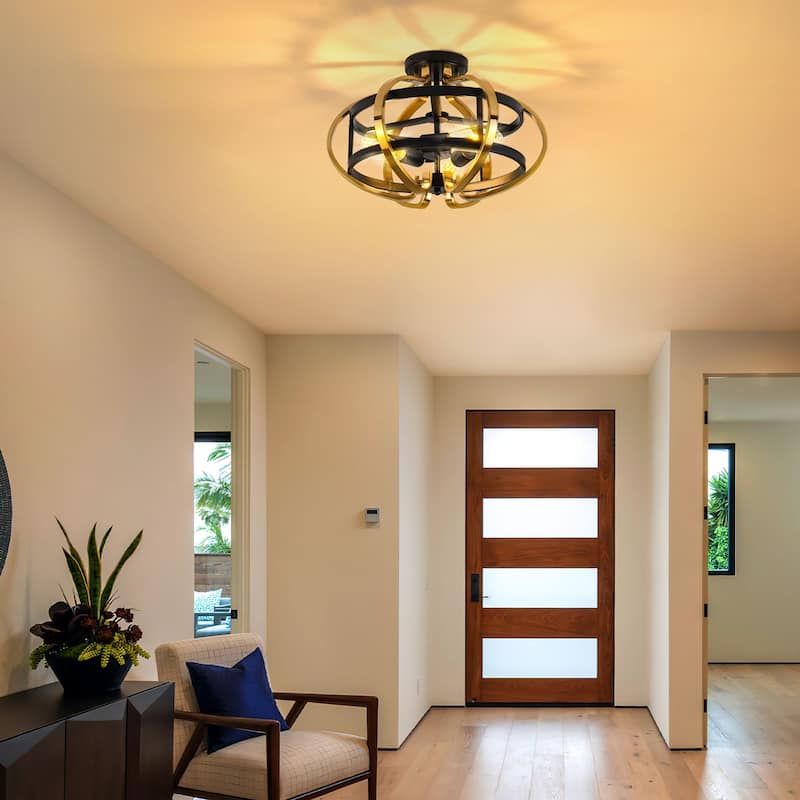 3-Light Modern Black and Gold Orb - Shaped Flush Mount Ceiling Light - Matte Black