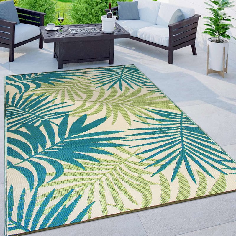 Modern Floral Reversible Plastic Outdoor Rugs - 5' X 7'