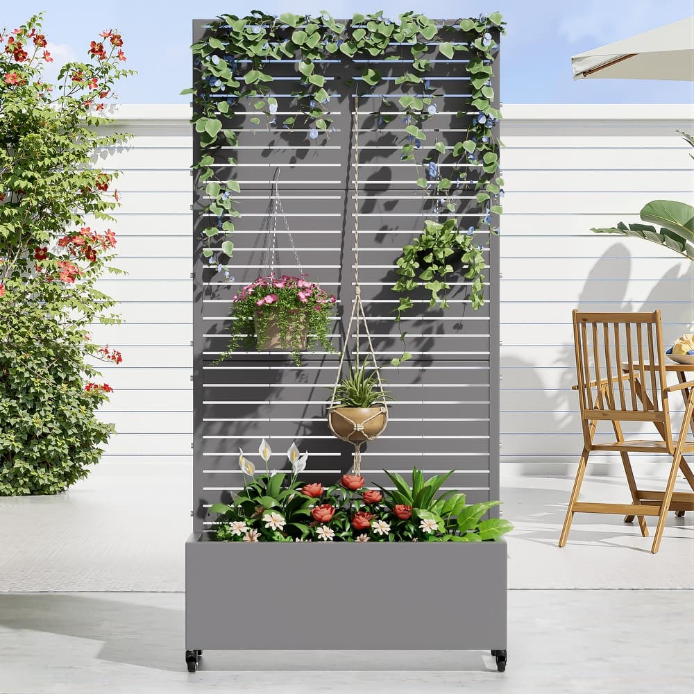72 in. Metal Planter Box with Trellis Privacy Screen Planter Box with Lockable Wheels - 72"x35"