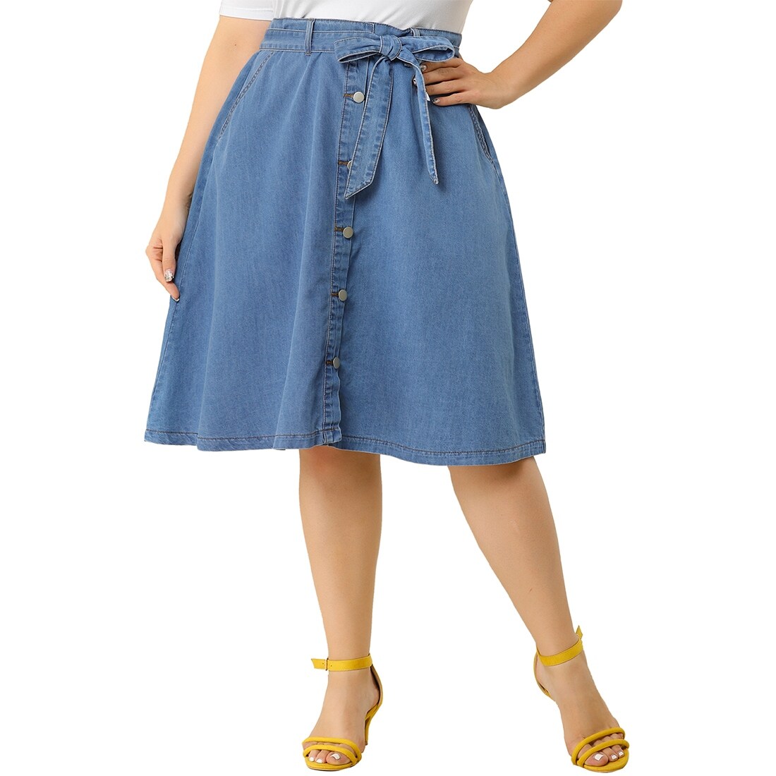 Plus Size Skirt Tie Waist Button Front A Line Midi Denim Skirts - Overstock -