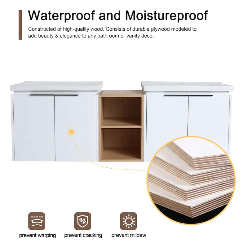 Malwee 24"/36"/48"/60" Floating Bathroom Vanity, Wall Mounted Bathroom Vanity with Ceramic Sink,Soft Close Door and Shelf