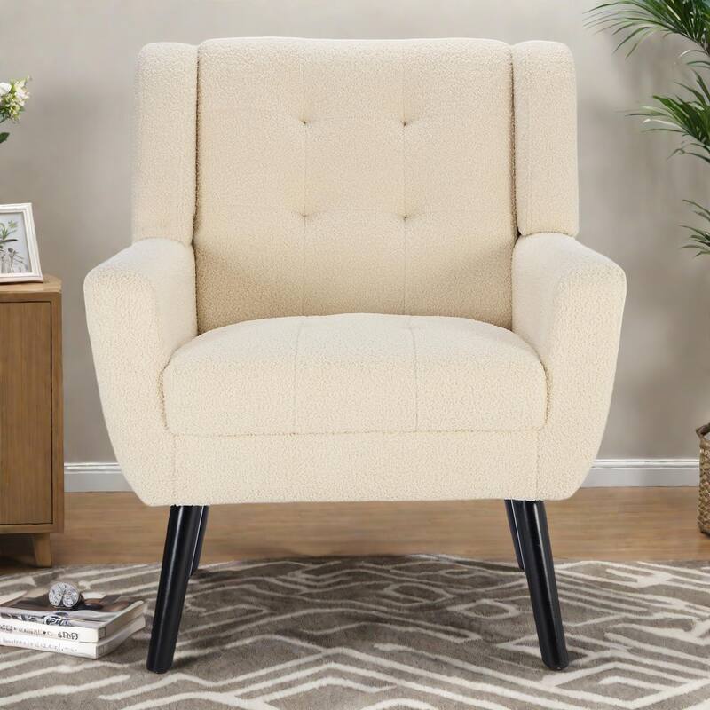 Teddy Fabric Accent Chair with Padded Seat, Curved Back and Black Wood Legs, 250lb Capacity - White