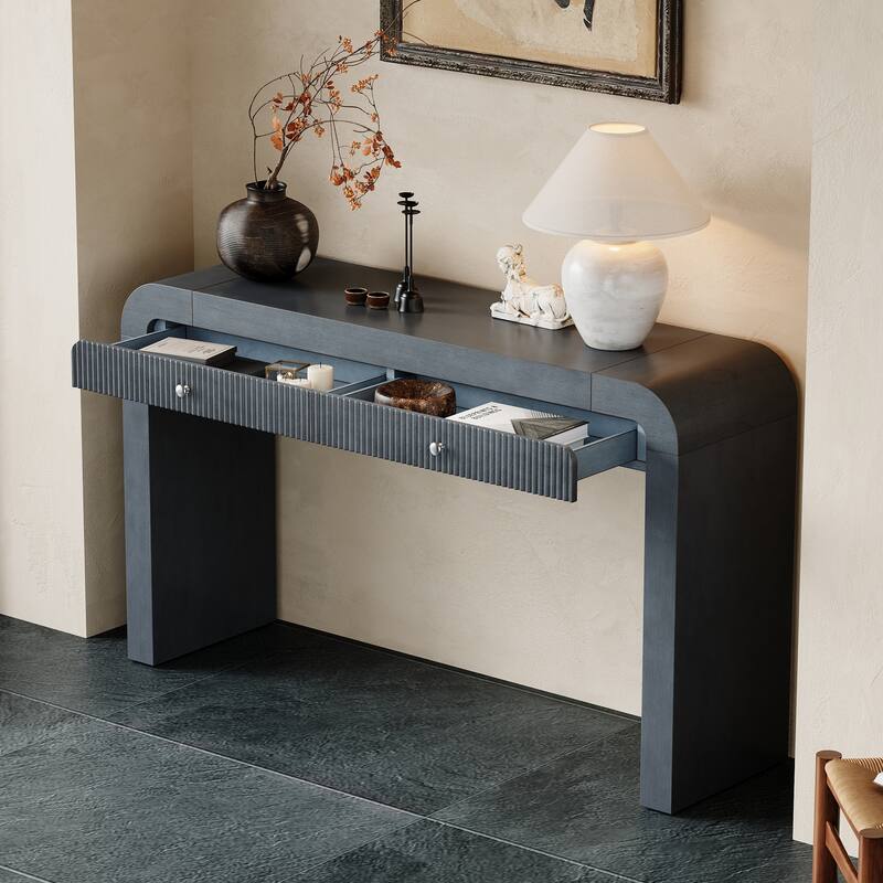 Wood Console Table Rectangular Sofa Table Behind Couch Table with 2 Drawer, Narrow Entryway Table Accent Table for Living Room - Dark Navy