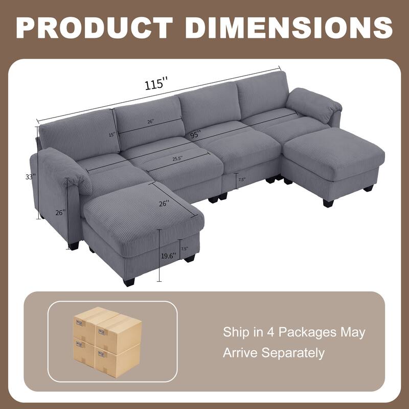 Corduroy Sectional Sofas with 2 Removable Ottomans, U-shaped Symmetrical 6-Seat Modular Couch