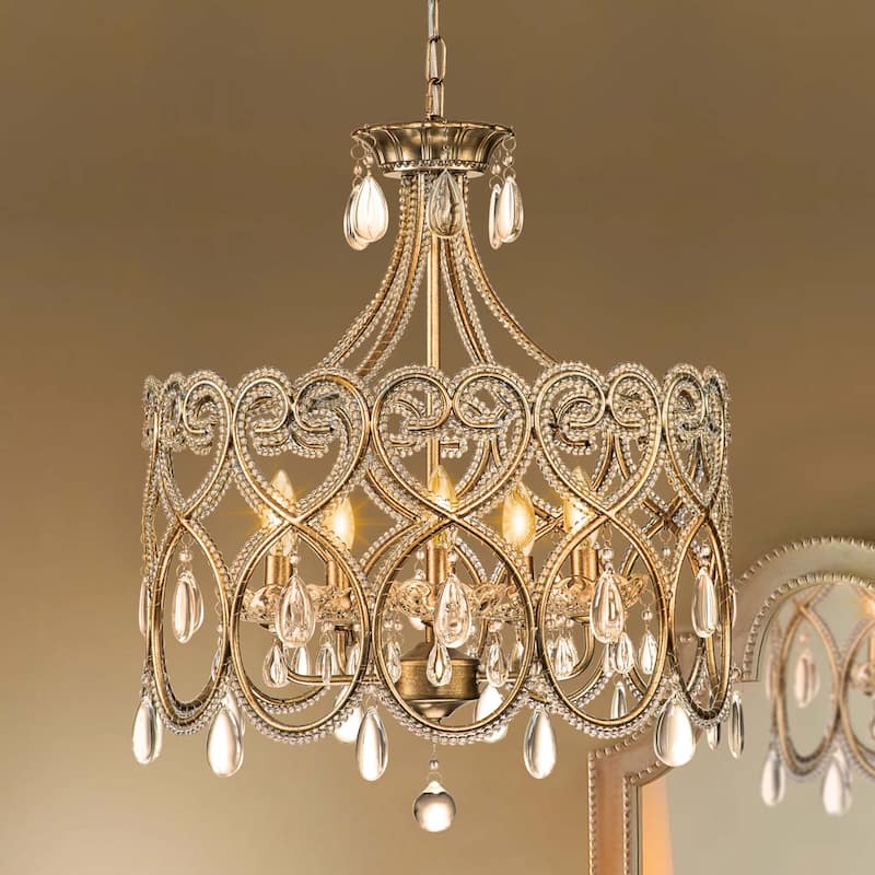 5-Light Mid-Century Modern Vintage Luxury Drum Crystal Chandelier Round Candle Pendant Light for Living Room - Antique Silver Bronze