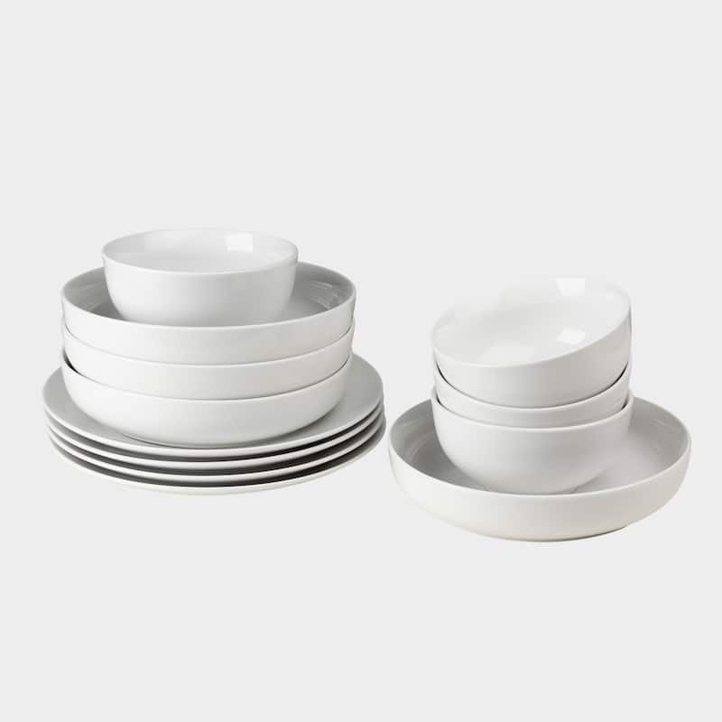 Euro Ceramica White Essential 12 Piece Double Bowl Dinnerware Set - White - Service for 4 - 12 Piece