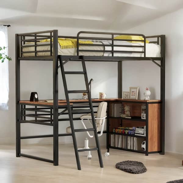 slide 2 of 15, Contemporary Full Size Metal Loft Bed with 3 Layers of Shelves and L-shaped Desk, Versatility galore, Maximized space, Black Black