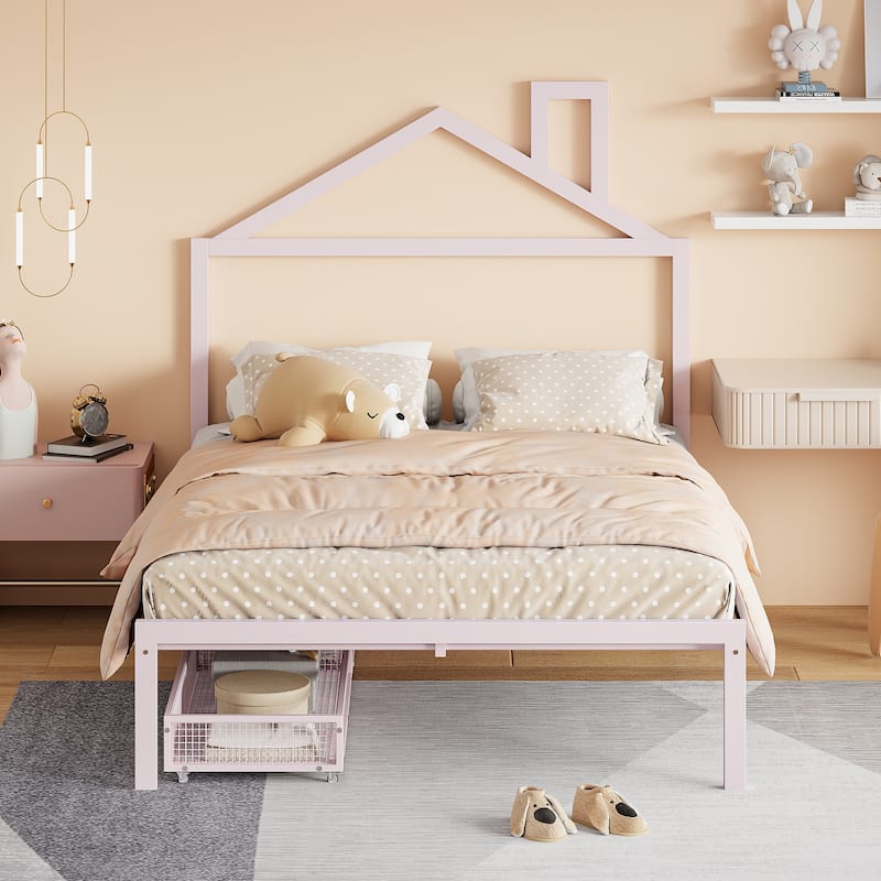 Twin Size Metal Platform Bed with House Design and 2 Storage Drawers - Pink - Full
