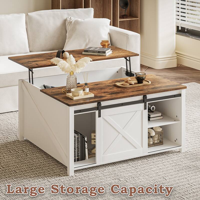 BOSSIN 31.5" Square Farmhouse Lift-Top Coffee Table - Wooden Living Room Center Table with Hidden Storage