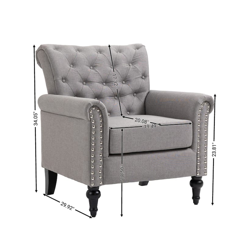 Linen Armchair w/Tufted Back/Wood Legs