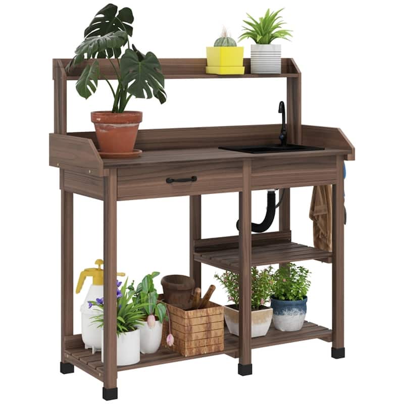 Garden Work Bench with Sink, Faucet, Storage Shelves & Hooks - 45.25" W x 17.75" D x 48.5" H