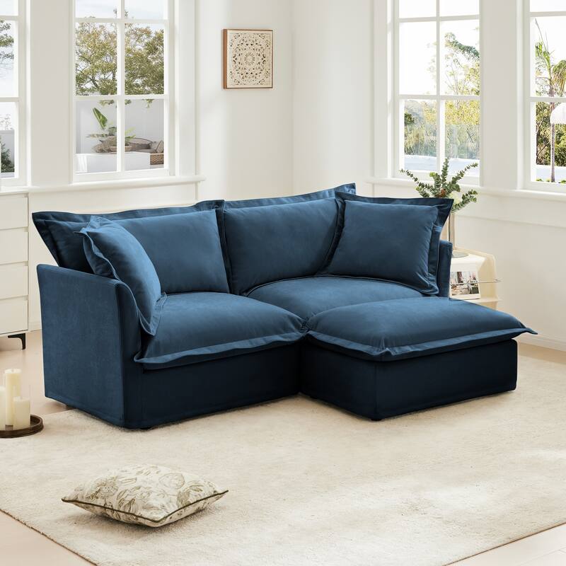 Slipcovered Chenille 2-Seater Sofa Couch with Convertible Ottoman & Soft Big Pillows