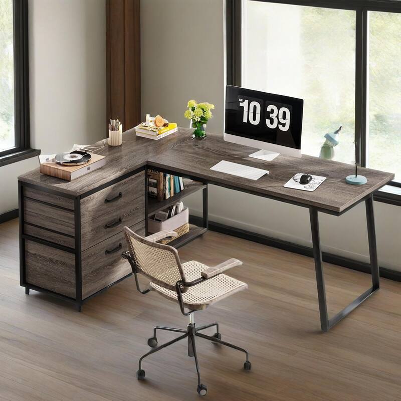 Reversible L Shaped Computer Desk with Drawers and Storage Shelves Gray Wood Finish Sturdy Home Office Workstation