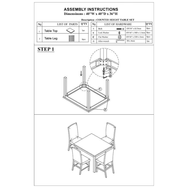 5 Pcs Counter Height Dining Set, Kitchen Dining Room Furniture Set with Faux Marble Square Table and Faux Leather Chairs