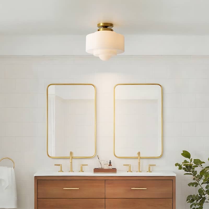 1-Light Mid-Century Modern Gold Cake-Shaped Semi-Flush Mount Ceiling Light with Opal Glass Shade for Bedroom, Kitchen