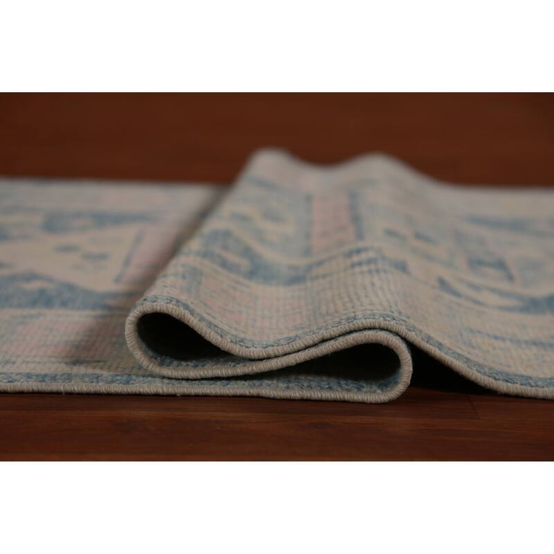 Hand Knotted Oriental 100% Wool Carpet Transitional Geometric Navy Blue & Blues Oushak Runner Rug - 17' 2'' X 3' 2''