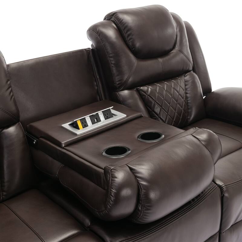 Home Theater Seating Manual Recliner Chair with Center Console and LED Light Strip for Living Room, Black
