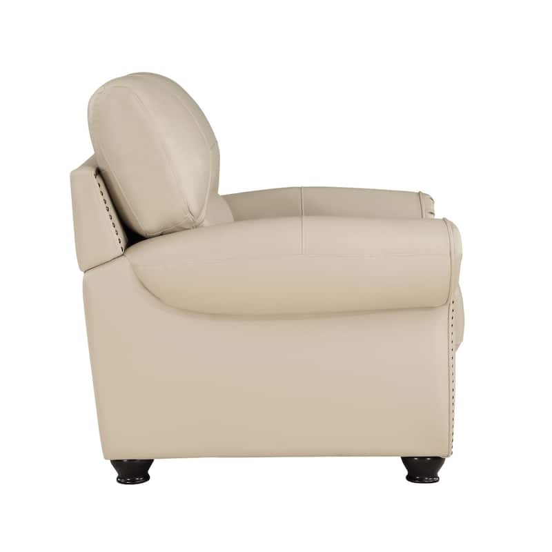 Kia 37 Inch Accent Chair, Cream Top Grain and Faux Leather, Brown Wood