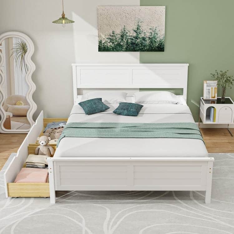Full Size Platform Bed with 2 Storage Drawers Coastal Modern Wooden Slatted Frame