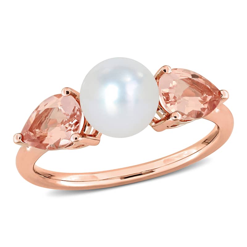 Miadora 7-7.5mm Cultured Freshwater Pearl 1 1/2ct TGW Morganite Promise Ring 14k Rose Gold