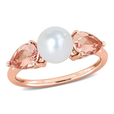 Miadora 7-7.5mm Cultured Freshwater Pearl 1 1/2ct TGW Morganite Promise Ring 14k Rose Gold