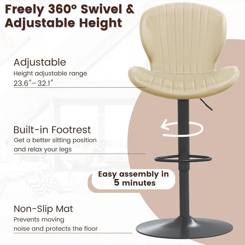 BOSSIN Set of 2 Modern Adjustable Bar Stools, Faux Leather Upholstered Swivel Counter Stools - 16.5"D x 19.6"W x 46.9"H