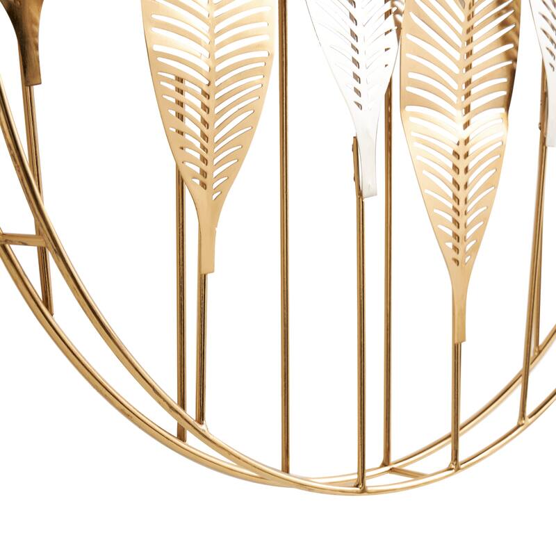 Gold Metal Metallic Leaf Home Wall Decor with Circular Frame and Silver Accents