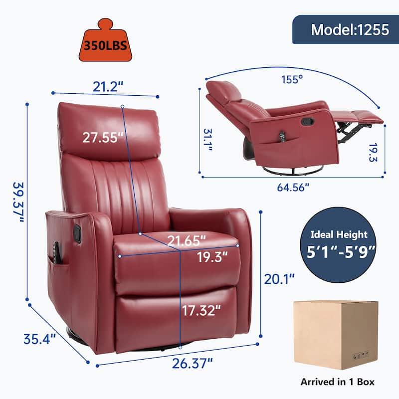 Faux Leather Heat Massage Manual Recliner Chair with Rocker and Swivel for Living Room