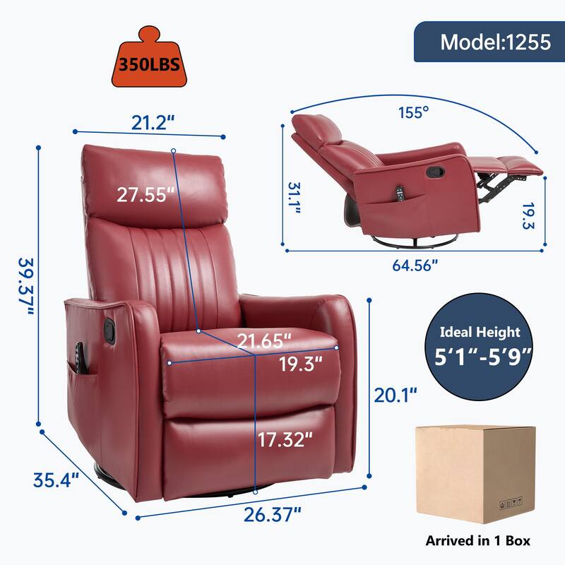 Faux Leather Swivel Recliner Chair, Manual Recliner Chair with Massage & Heat, Glider Rocker Chair with Side Pocket - Red