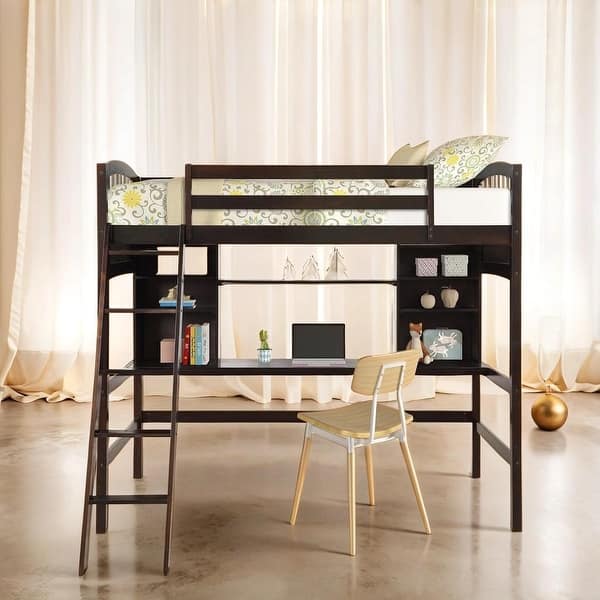 slide 2 of 40, Twin size Loft Bed with Wooded Desk And Two Corner Shelves,Muti-Functional Loft Bed Espresso