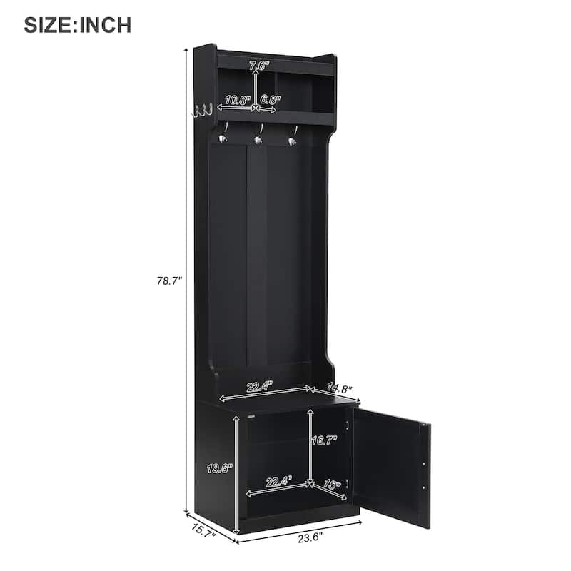 Multi-functional Wood Coat Rack with Cabinet and 6 Hanging Hooks