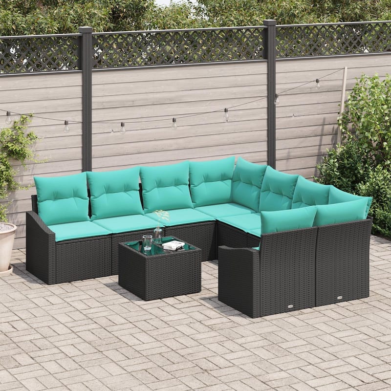 vidaXL 9 Garden Sofa Set with Cushions Black Poly Rattan - 91.9 x 92.1 x 27.2