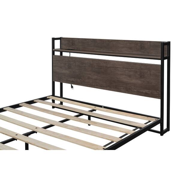 Platform Queen Bed with Socket, Fast Assemble Design Bed Bath