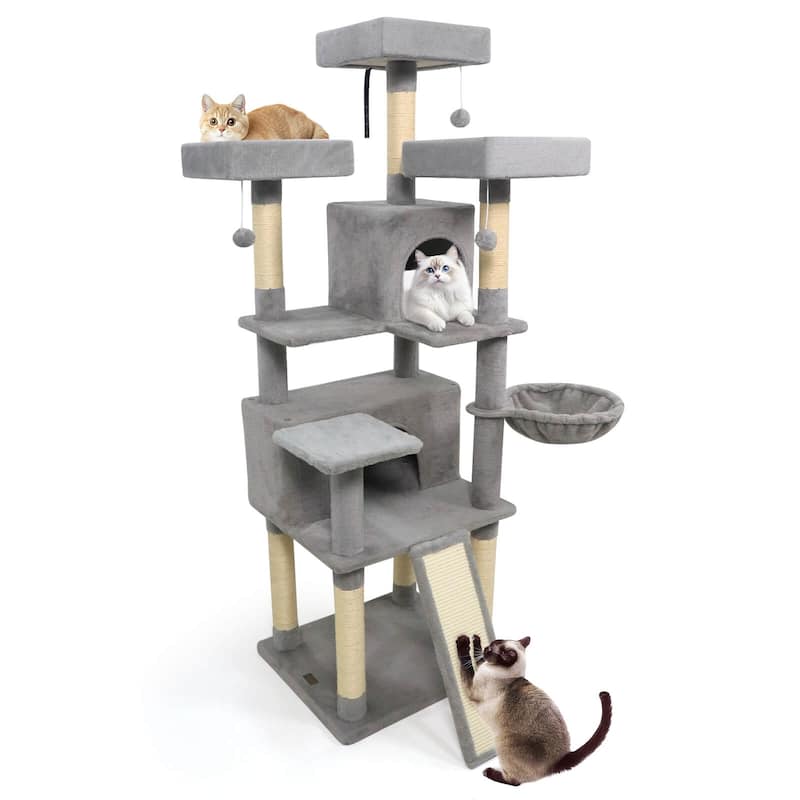 Costway 65” Tall Multi-level Cat Tree with 3 Upholstered Top Perch 2 - See Details - Light Gray