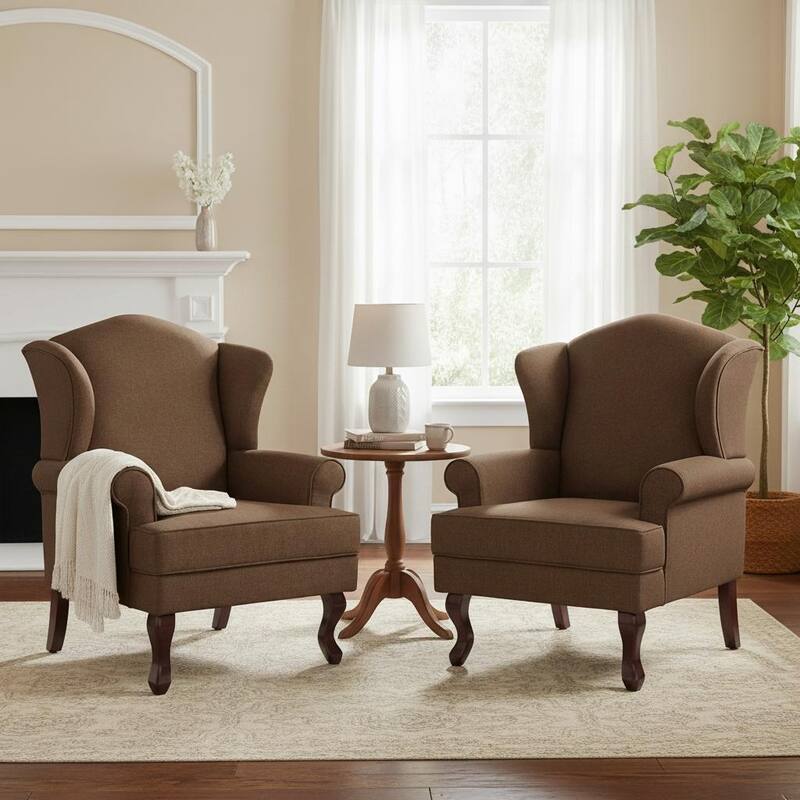 Classic Wingback Accent Chair for Living Room - Set of 2 - Brown/ Linen