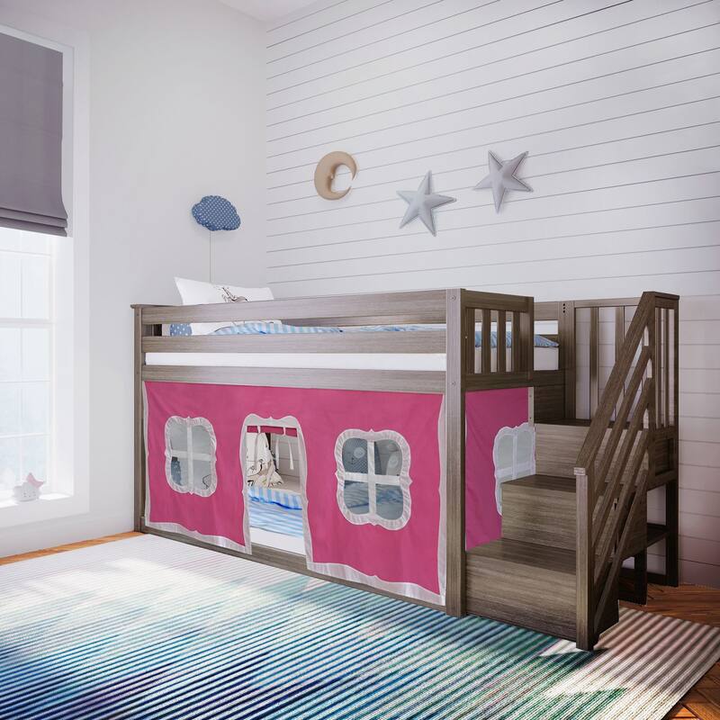 Max and Lily Twin over Twin Low Bunk Bed with Staircase and Curtains