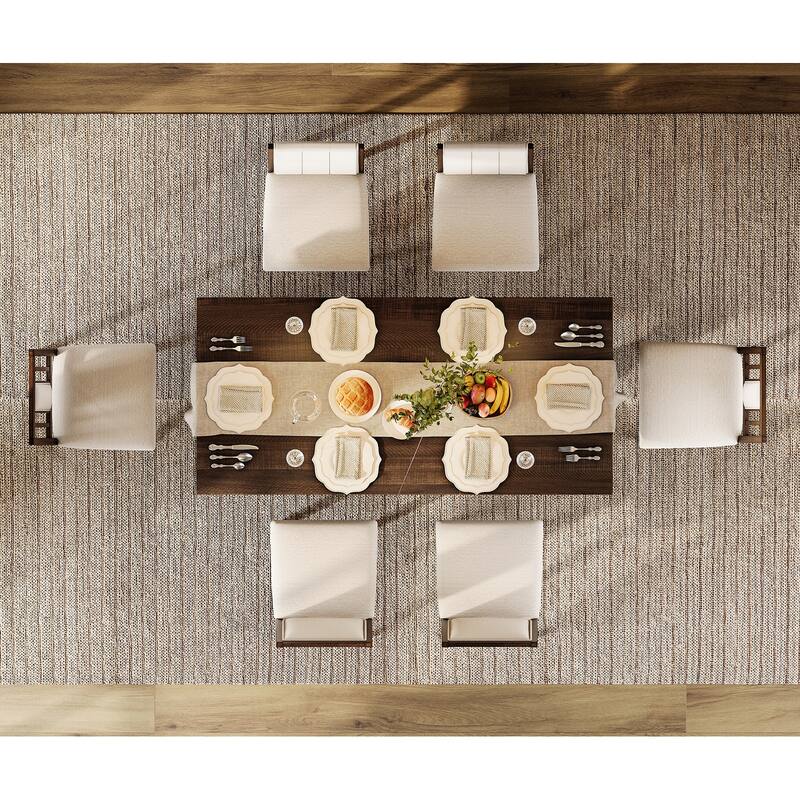 7-pieces Farmhouse Dining Table Set for 6, 74.8" Kitchen Table with Chairs, Solid Wood Legs and Upholstered Back