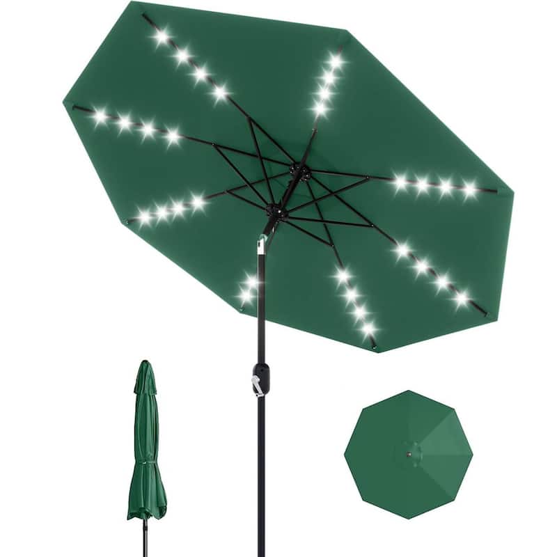 9 Ft Patio Umbrella with Solar Lights for Pool, Deck, Backyard - Green