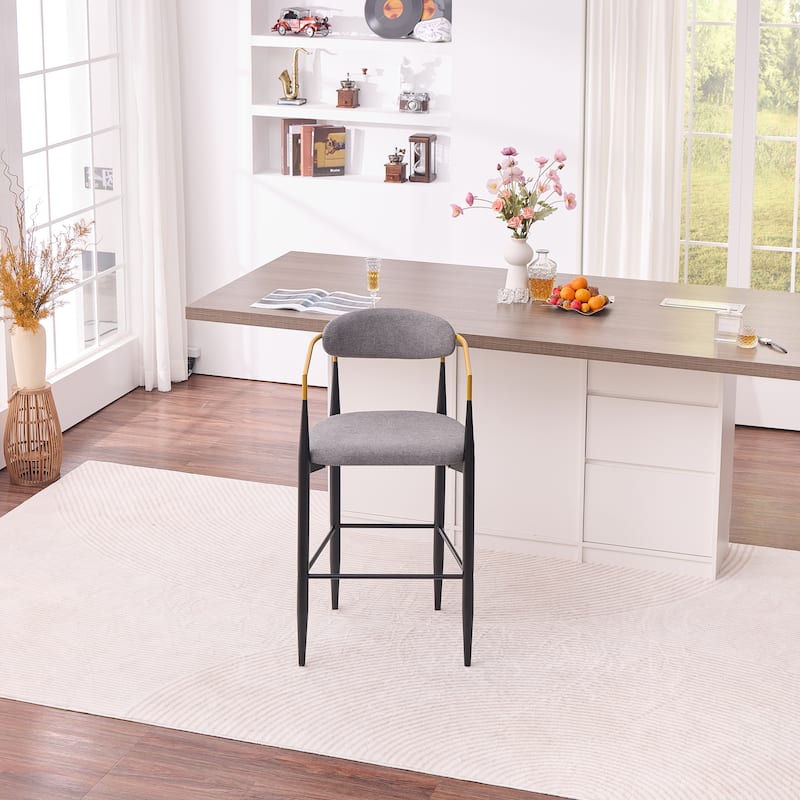Modern Upholstered Bar Stool with Gold-Accented Armrests - 23" Seat Height,Ergonomic Design for Kitchen Island,2PCS/CTN - Grey