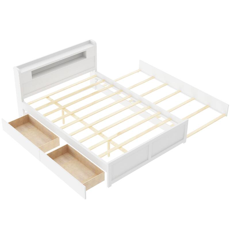 Queen Size Platform Bed with LED Headboard, Trundle & Drawers