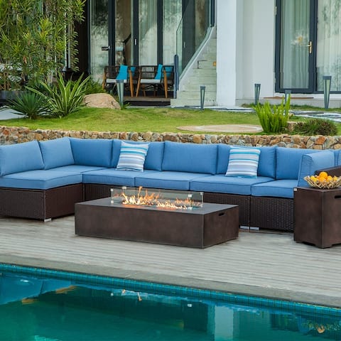 COSIEST 8 Piece Outdoor Sectional Sofa Furniture Set With Fire Table,Tank Outside