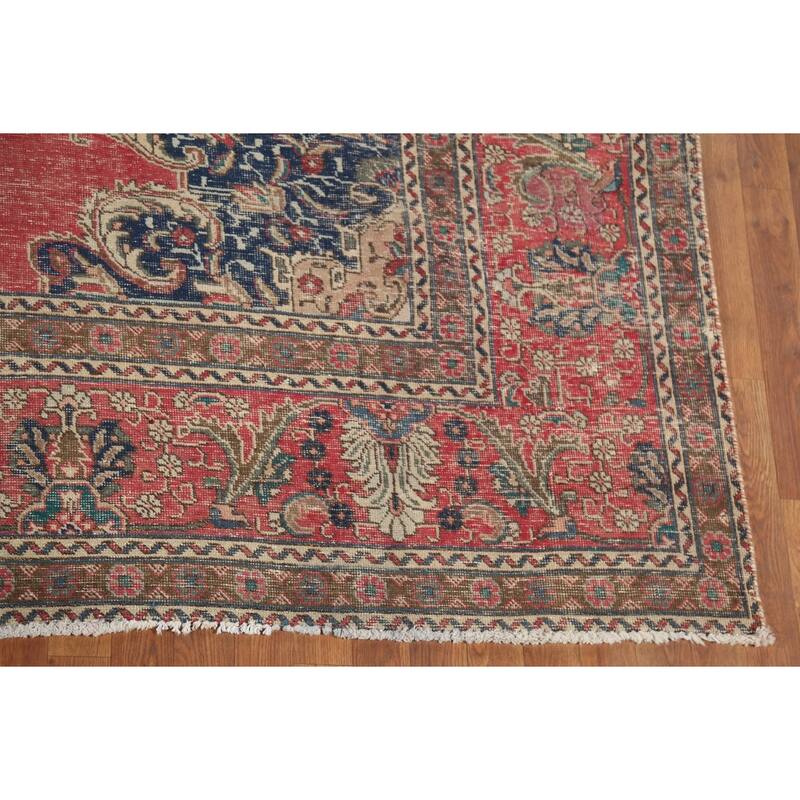 Distressed Tabriz Persian Vintage Rug Hand-Knotted Wool Carpet - 9'6"x 12'10"