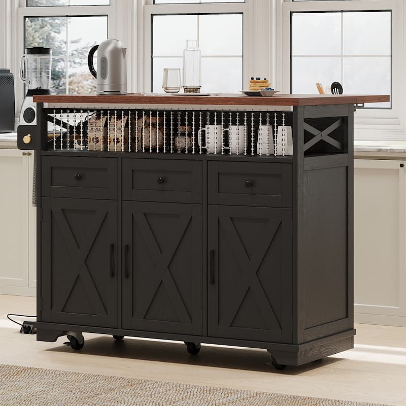 46.5" Farmhouse Kitchen Island Cart with Drape of Beads, Power Outlet, Rolling Kitchen Cart on Wheels with Drop Leaf - Black