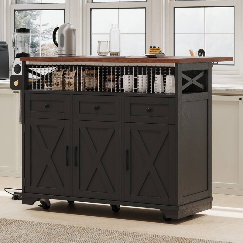 46.5'' Farmhouse Kitchen Island with Drape of Beads, Power Outlet