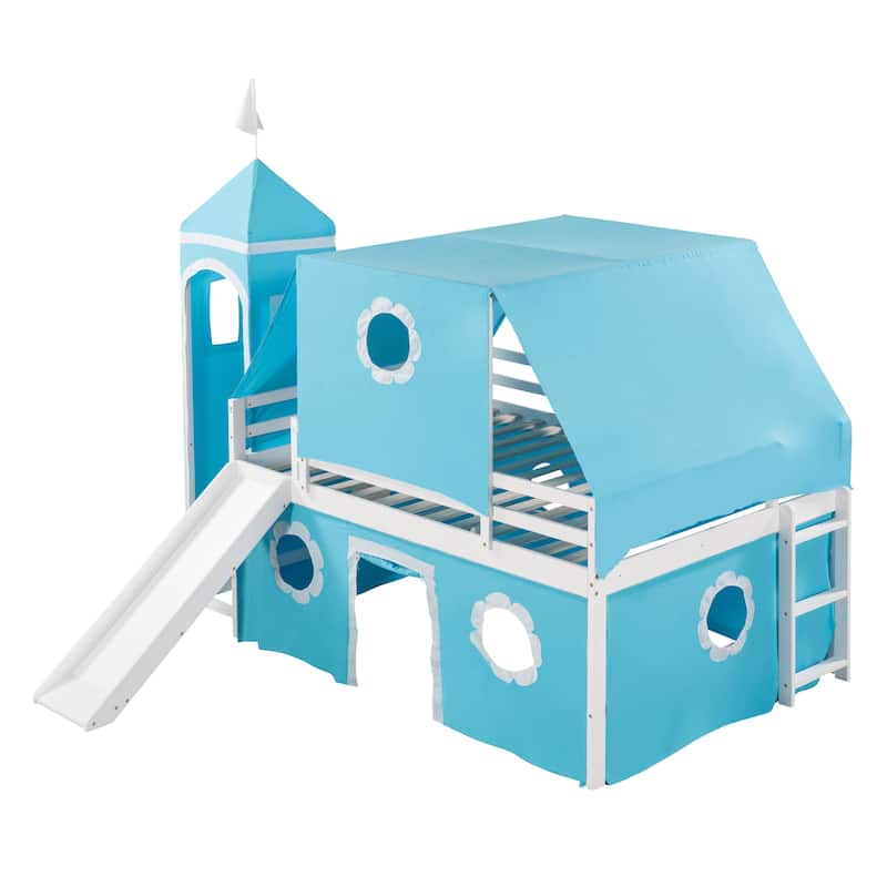 Full Size Bunk Bed with Slide Blue Tent and Tower