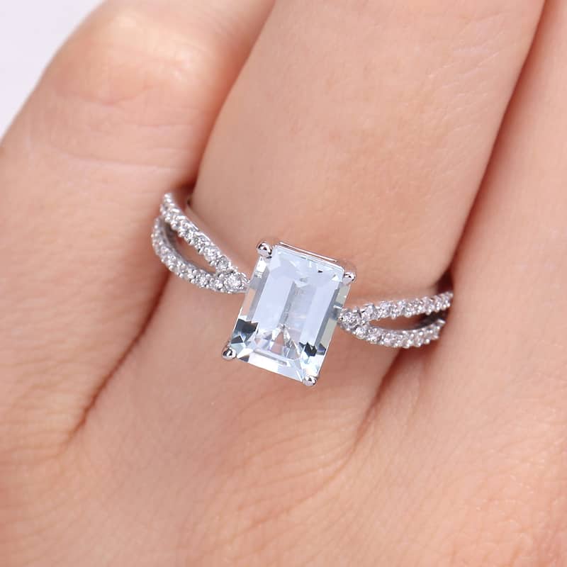 Miadora Octagon-cut Aquamarine and 1/5ct TDW Diamond Split Shank Cocktail Ring in 14k White Gold